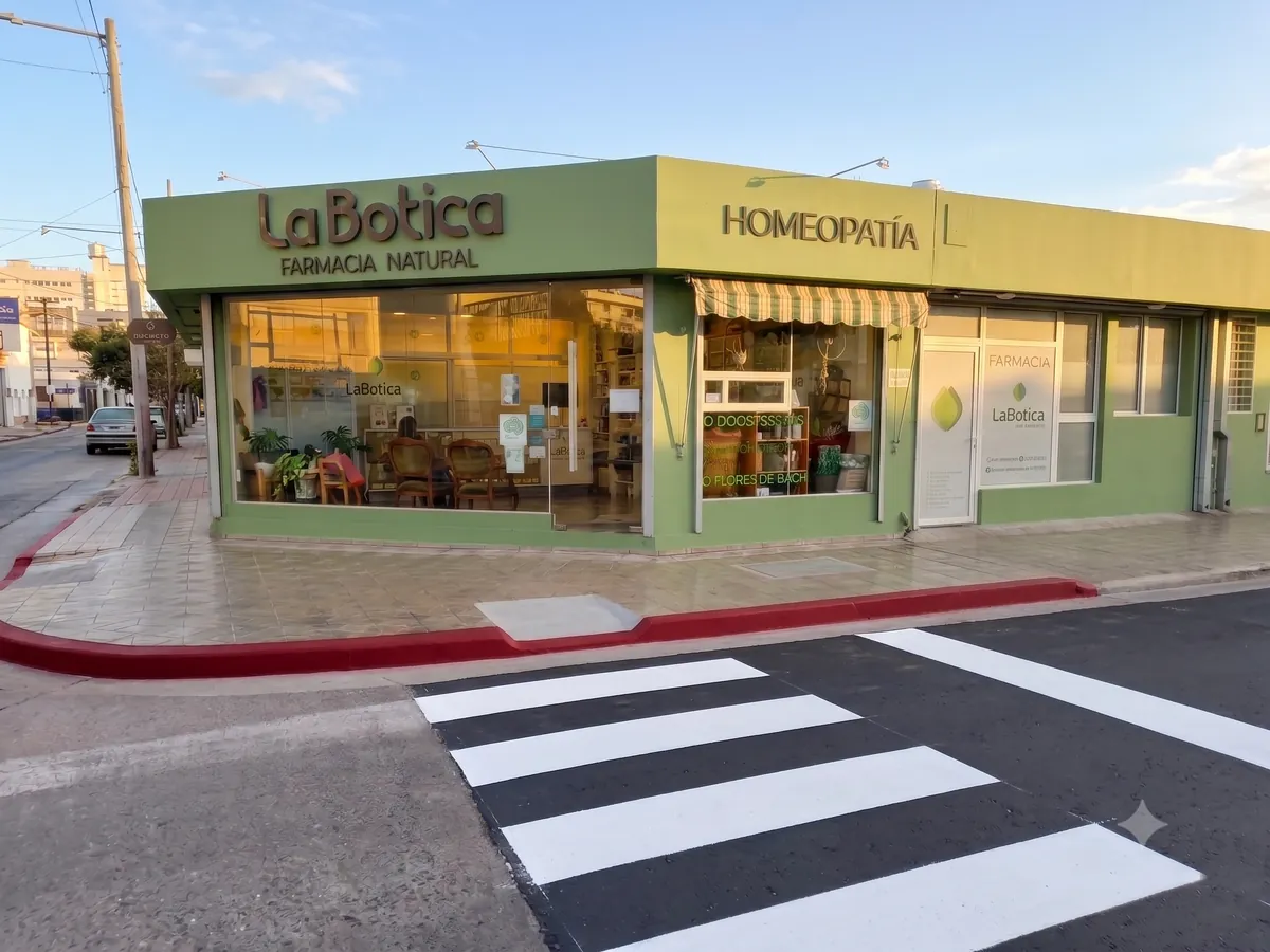 Frente de La Botica de Güemes, farmacia natural en la esquina de Barrio Güemes, Córdoba